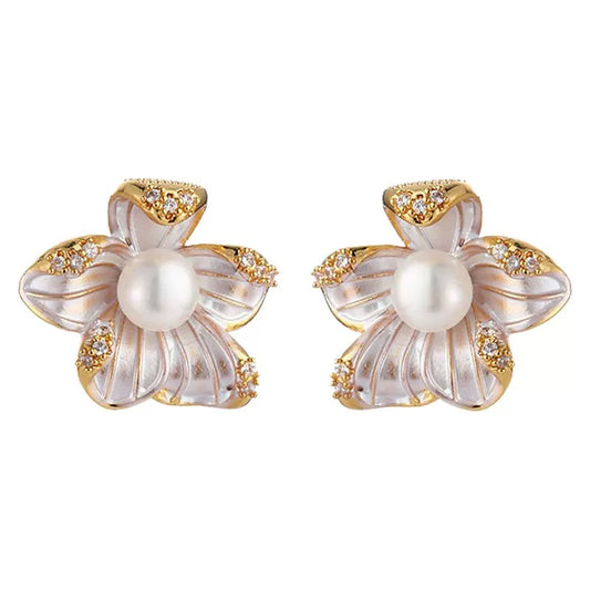 Elowen Pearl Blossom Stud Earrings on white background