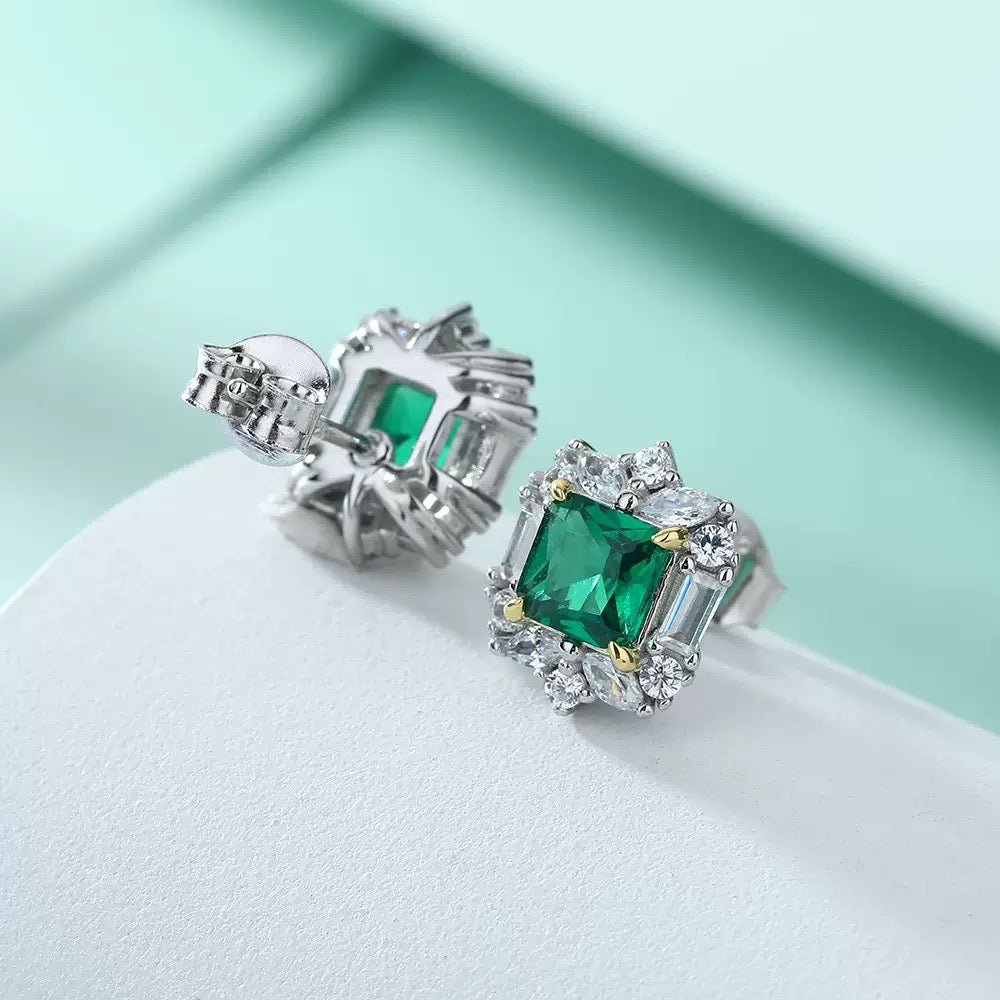 Emerald Princess-Cut Halo Stud Earrings