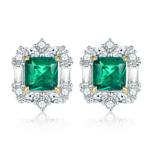 Product view of Emerald Princess-Cut Halo Stud Earrings