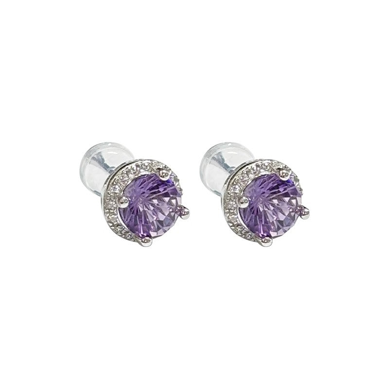 Model wearing Amethyst Halo Stud Earrings