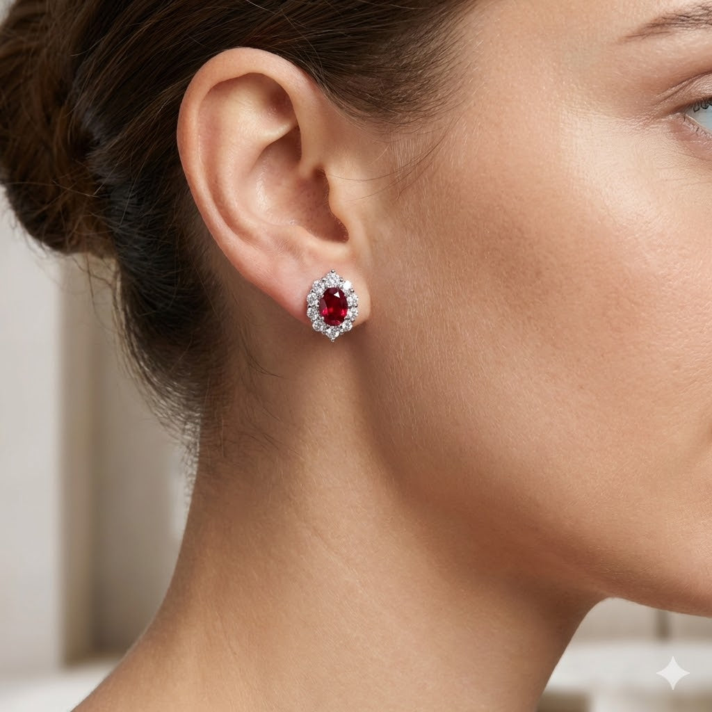 Woman wearing 2 carat ruby and diamond halo stud earrings ¨C elegant gemstone jewellery by Aeterna Jewellery UK