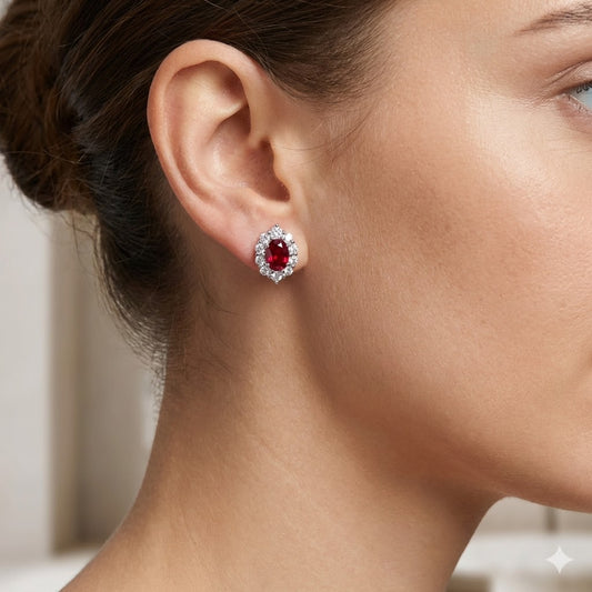 Woman wearing 2 carat ruby and diamond halo stud earrings – elegant gemstone jewellery by Aeterna Jewellery UK