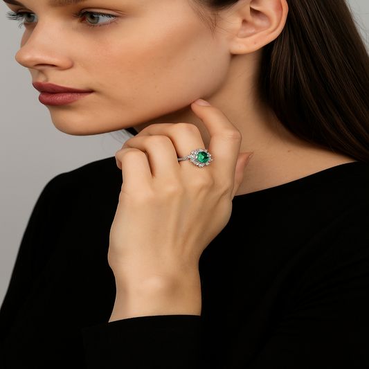 Aeterna Jewelry emerald halo ring worn by model, elegant close-up of hand and face