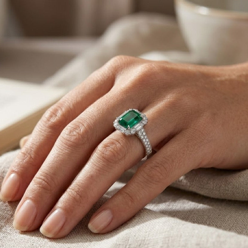 Emerald-Cut Green Halo Ring