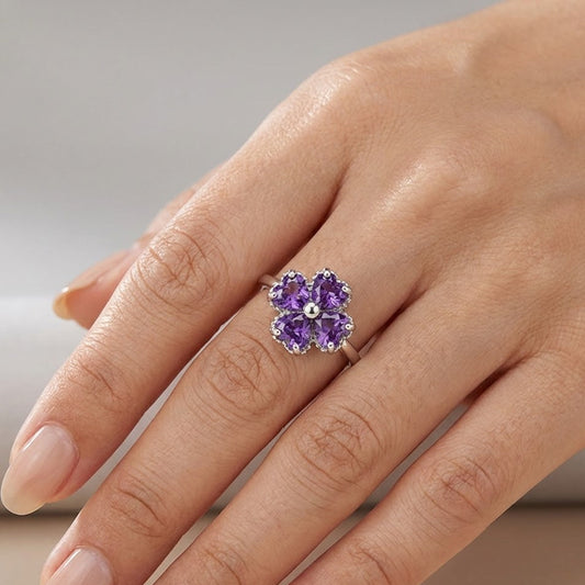 Sterling silver amethyst clover ring worn on hand