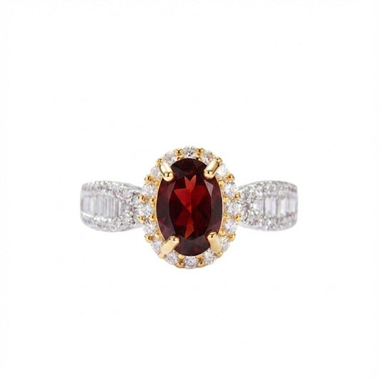 Garnet Halo Ring with Pavé Band on white background