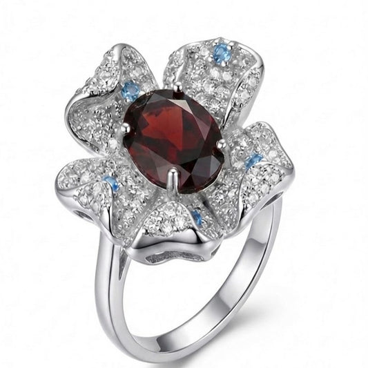 Garnet Flower Halo Ring on white background