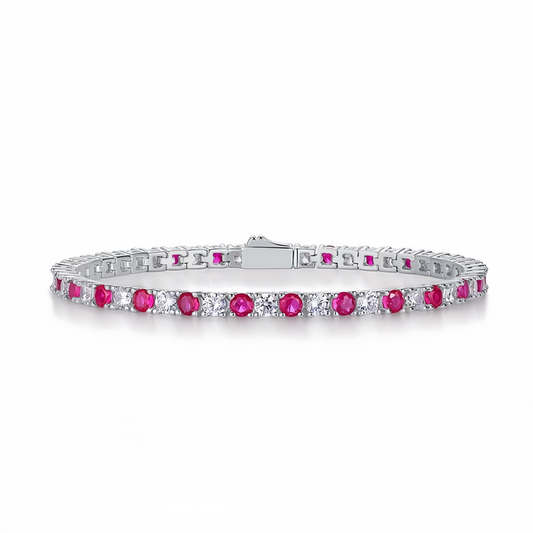 Ruby & White Alternating Tennis Bracelet on white background