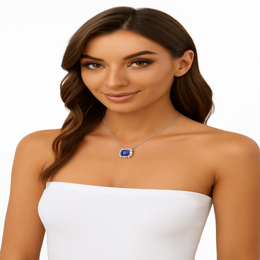 Model wearing sapphire and diamond necklace, minimalist British style portrait