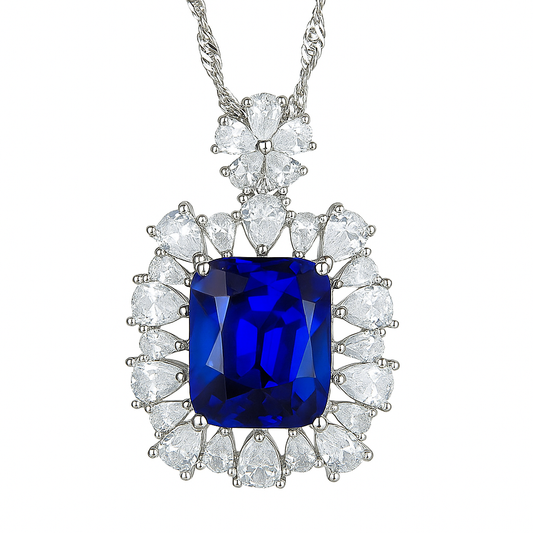 Blue Sapphire Halo Pendant Necklace on white background