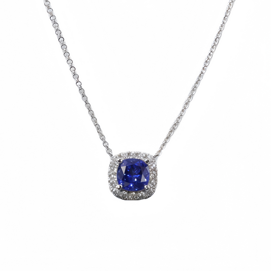 1.9ct Blue Sapphire Halo Pendant Necklace on white background