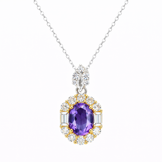 Amethyst Halo Pendant Necklace on white background