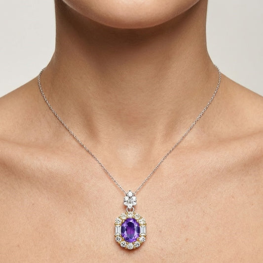 Amethyst halo necklace worn on model neck close-up