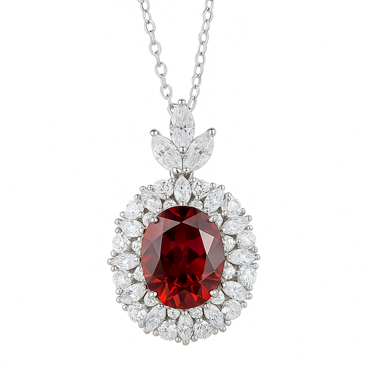 Oval Ruby Halo Pendant Necklace on white background