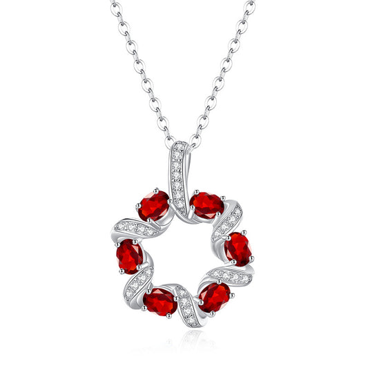 Garnet Circle Pendant Necklace on white background