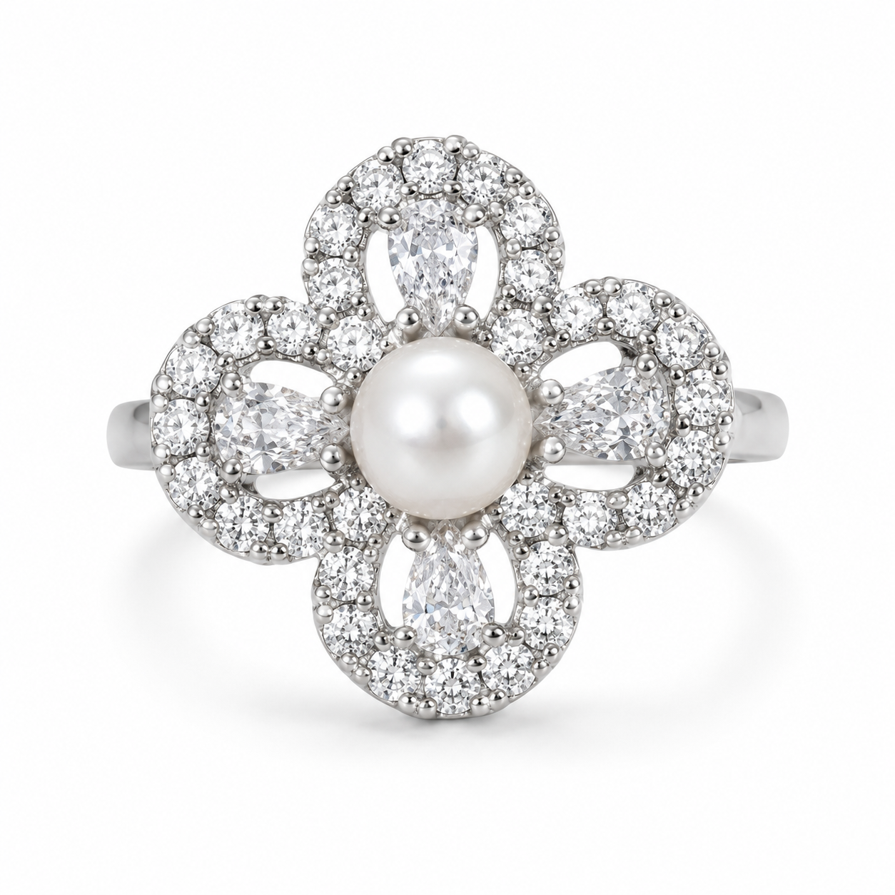 Front view of Aurelia Pearl Clover Statement Ring with a freshwater pearl centre and clear cubic zirconia four-petal setting on a white background