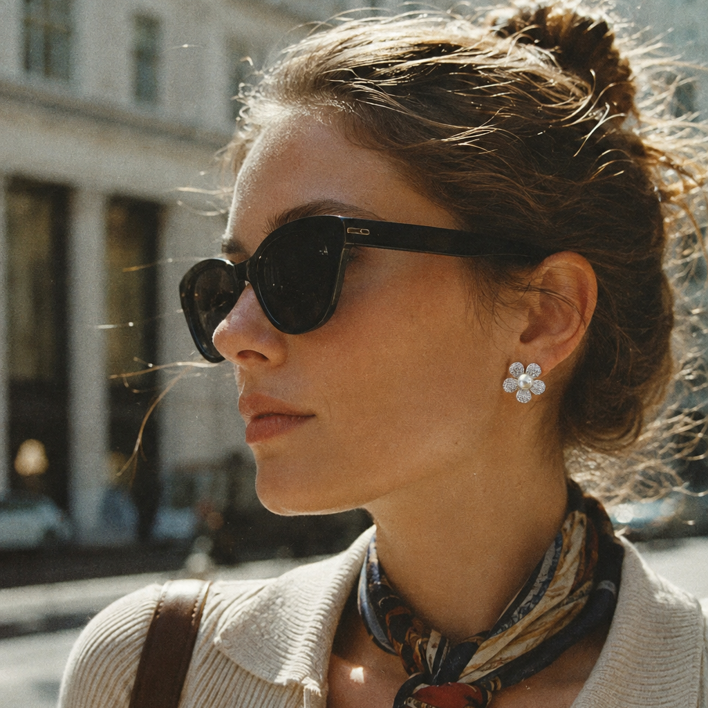Model wearing Marielle Pearl Flower Stud Earrings with sunglasses in a vintage street-style look