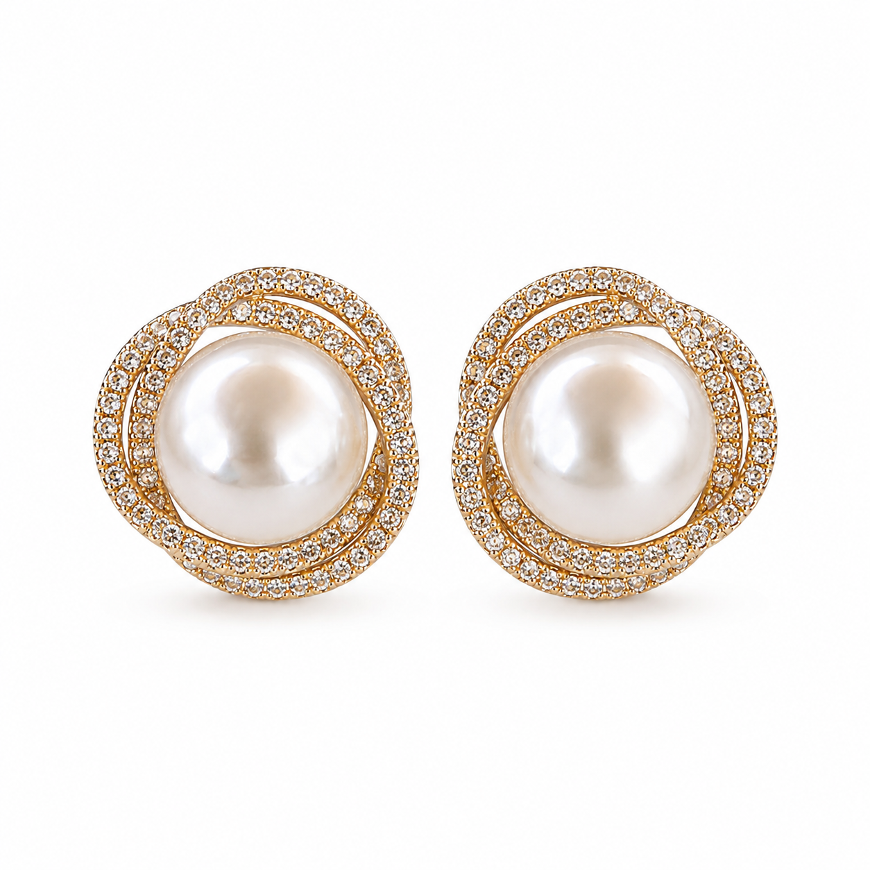 Gold pearl halo stud earrings on white background