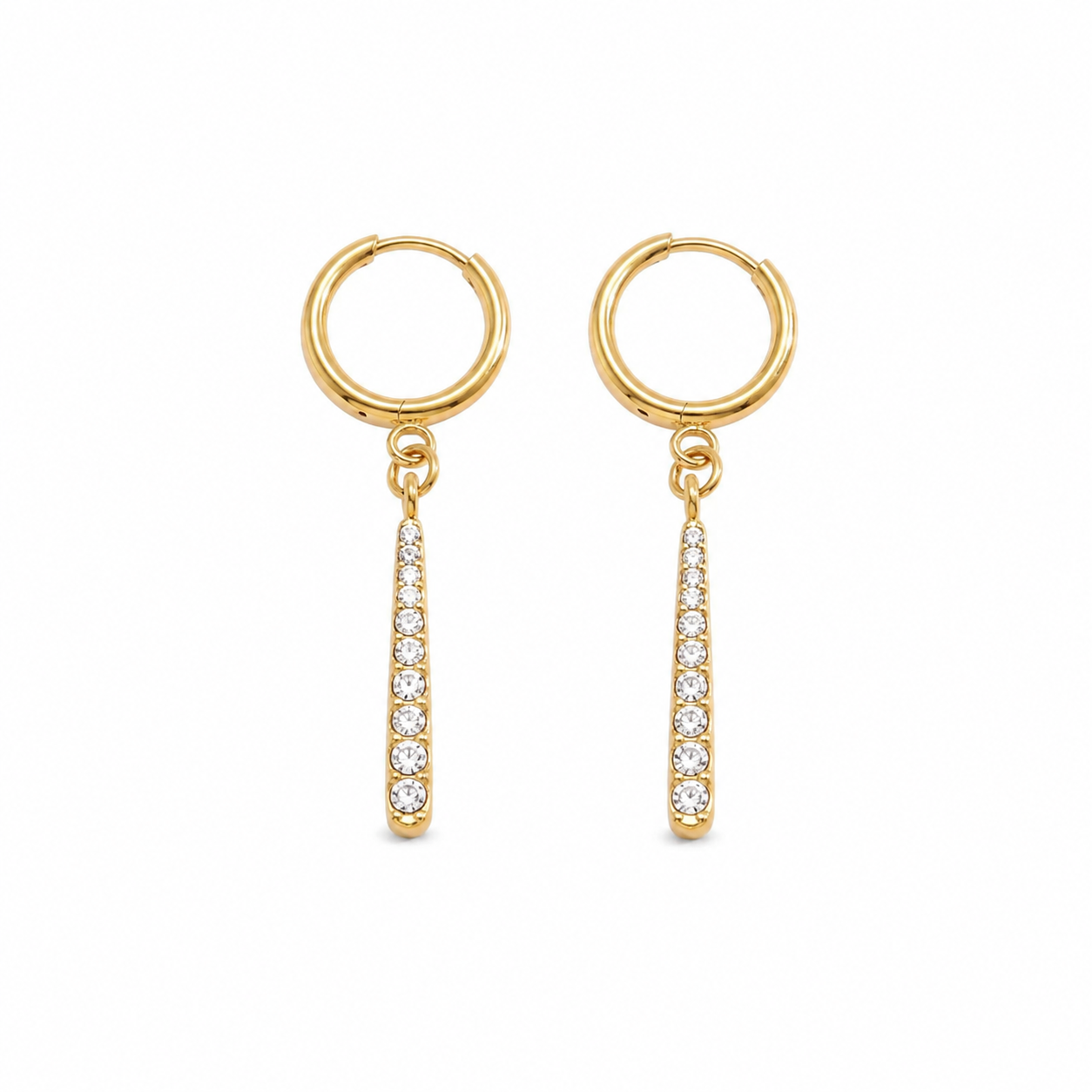 Pair of gold pavé drop hoop earrings on a white background