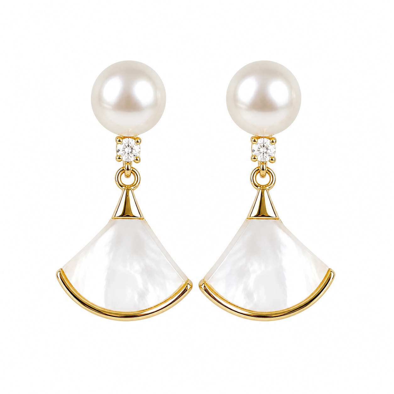 Seraphine pearl fan drop earrings on a clean white background