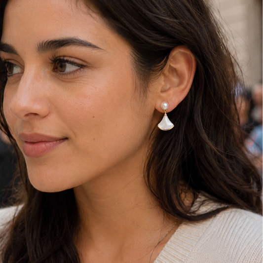 Model wearing Pearl Fan Drop Earrings
