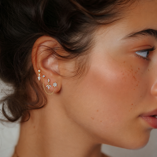 Model wearing mixed-cut cubic zirconia drop earrings