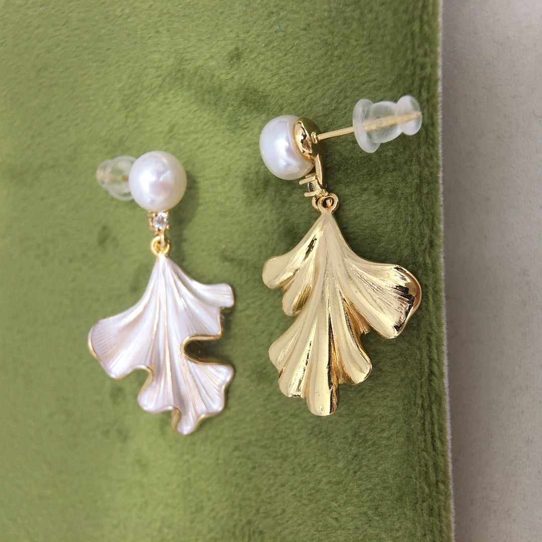 Front and back view of Liora Pearl Ginkgo Drop Earrings showing freshwater pearls and gold-tone sculpted pendants