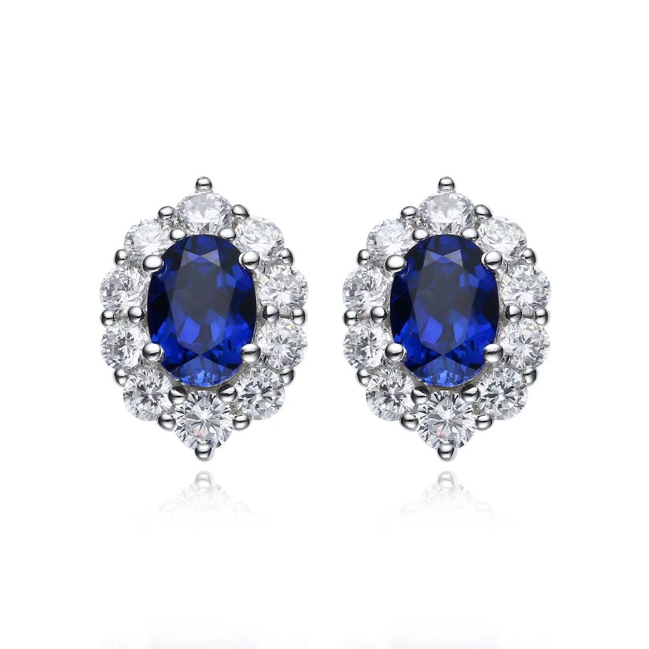 2 carat oval blue sapphire and diamond halo stud earrings in 925 sterling silver – Aeterna Jewellery UK