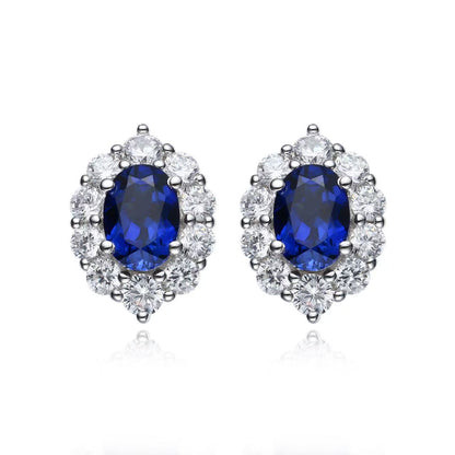 2 carat oval blue sapphire and diamond halo stud earrings in 925 sterling silver – Aeterna Jewellery UK