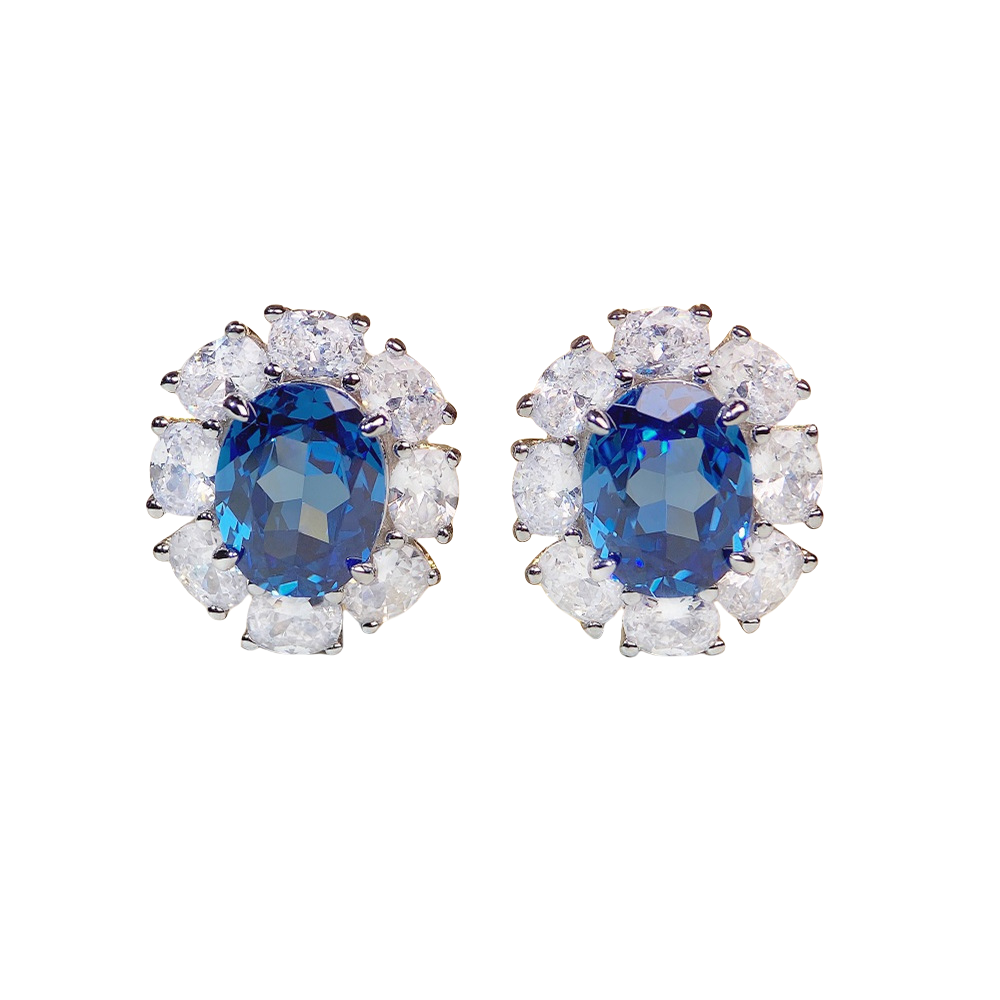 Blue sapphire and diamond cluster earrings ¨C oval halo design in 925 sterling silver UK
