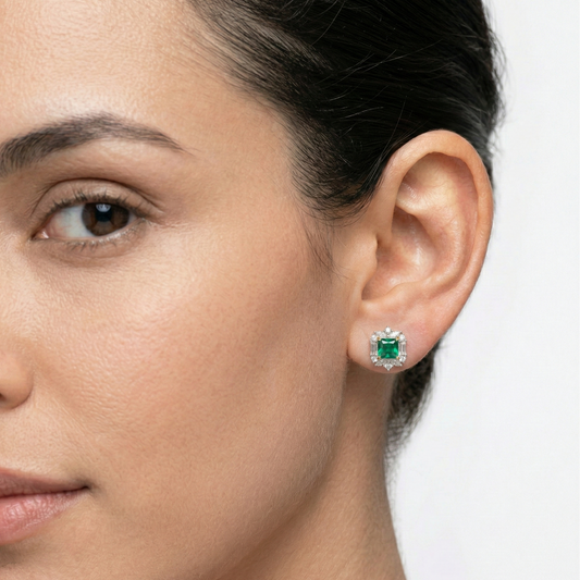 Emerald Princess-Cut Halo Stud Earrings