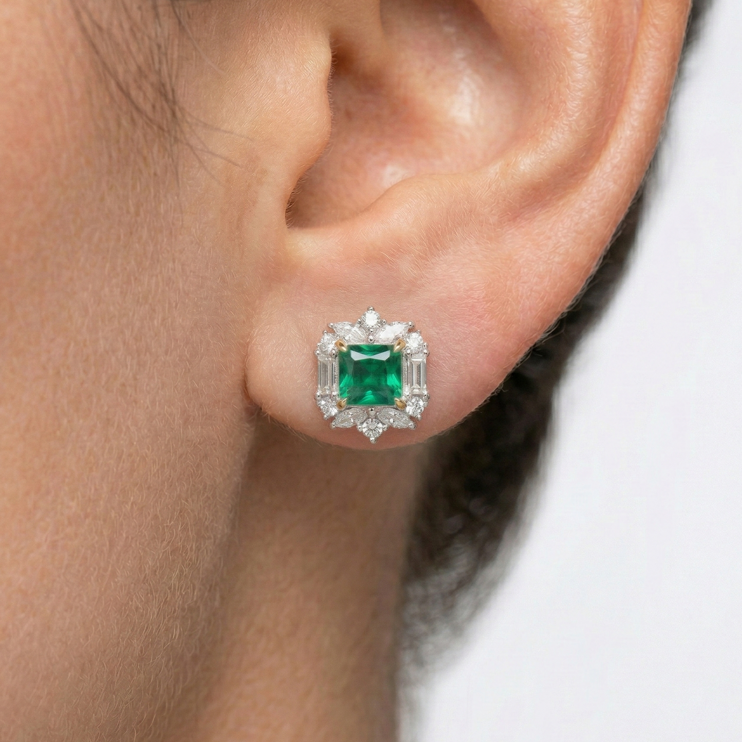 Emerald Princess-Cut Halo Stud Earrings