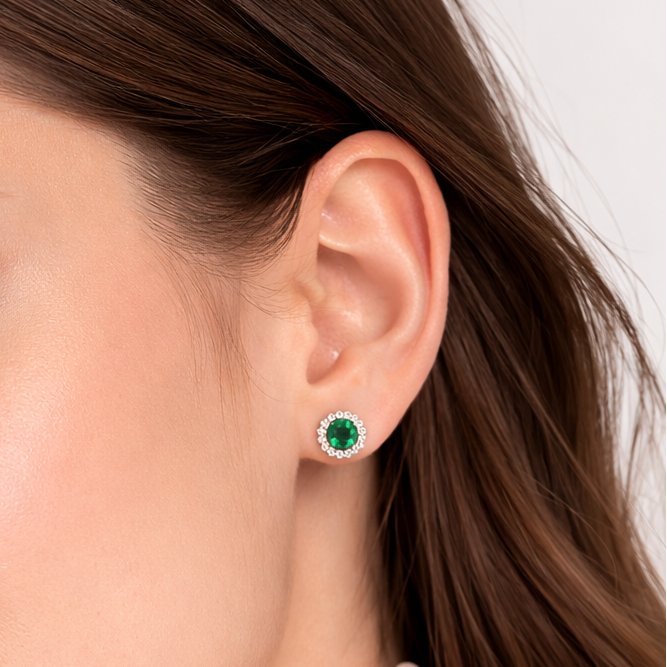 Emerald Halo Stud Earrings