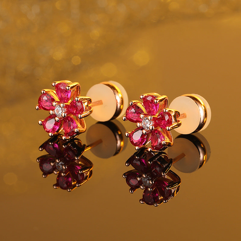Garnet Flower Stud Earrings