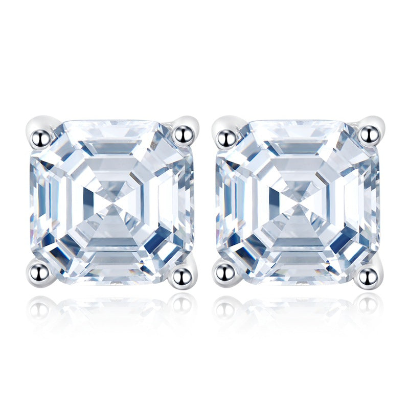 Sterling silver Asscher cut diamond stud earrings, square white gemstones in four-prong setting, modern minimalist design by Aeterna Jewelry