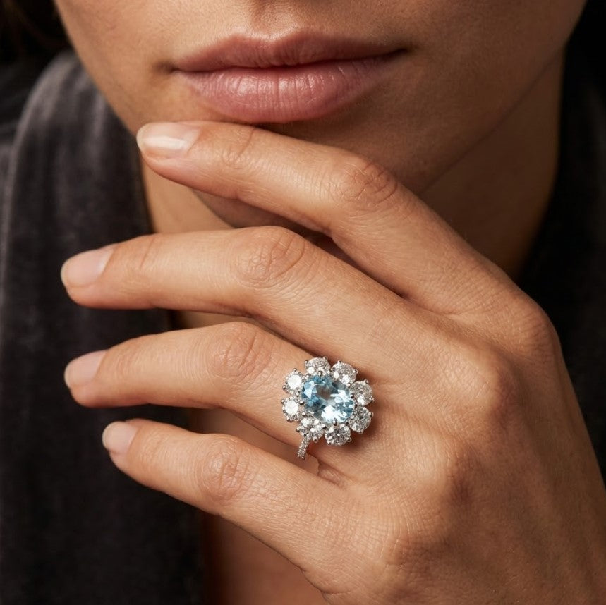 Oval Light Aquamarine Flower Halo Ring