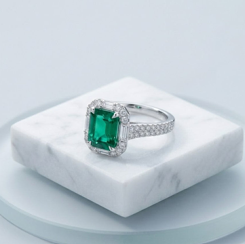 Emerald-Cut Green Halo Ring