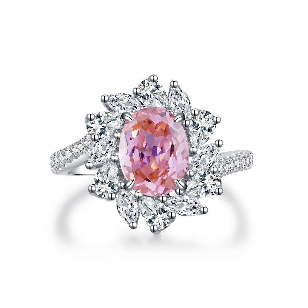 Aeterna Jewelry oval pink gemstone flower halo ring on white background