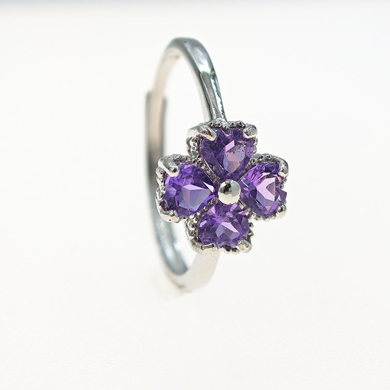 Side view of sterling silver amethyst clover ring