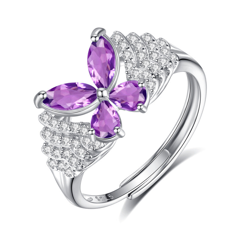 Sterling silver amethyst butterfly ring close-up