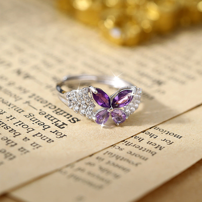 Butterfly amethyst ring with pavé crystal wings