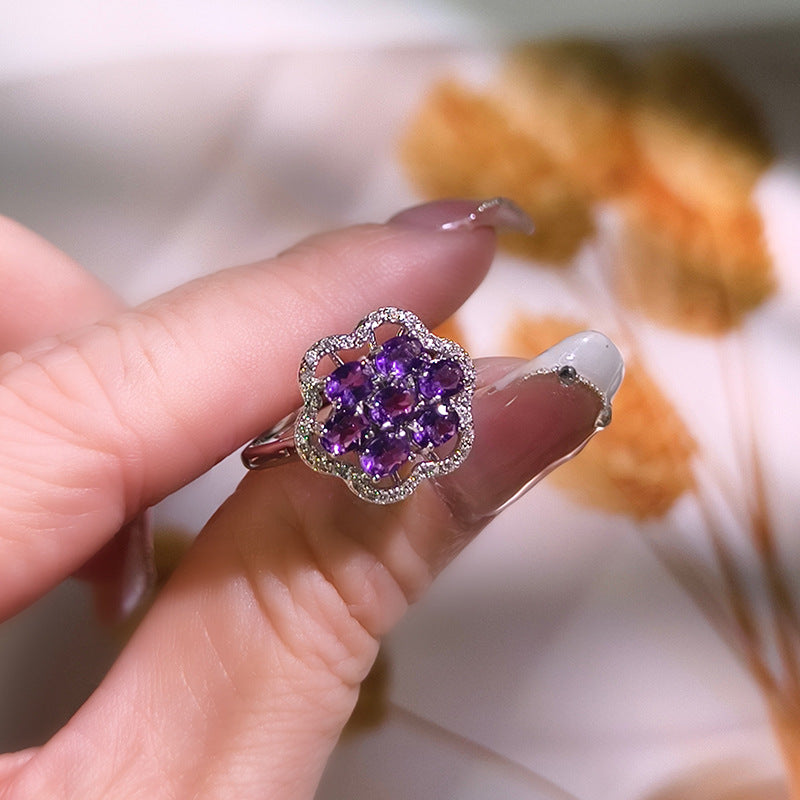 Detailed amethyst flower ring with sparkling stones