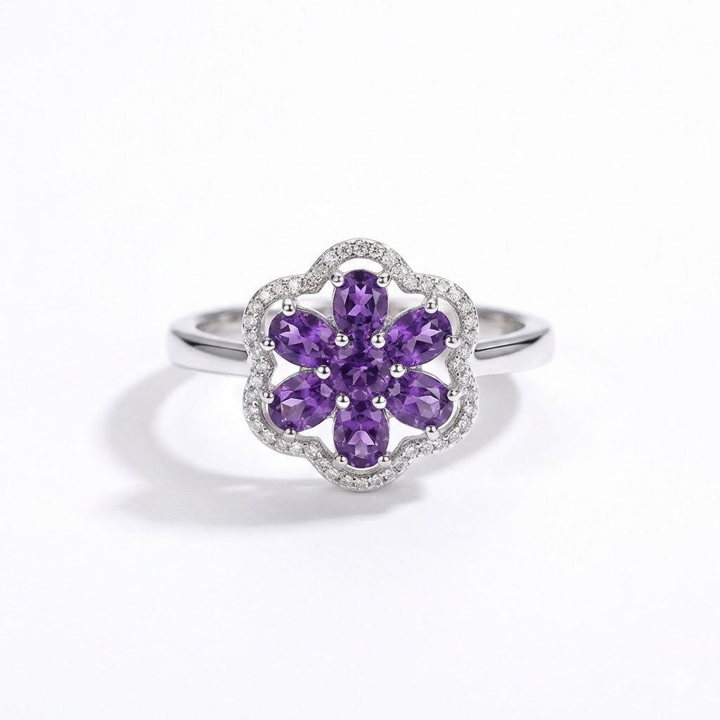 Amethyst flower cluster ring on white background