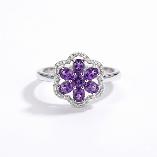 Amethyst flower cluster ring on white background