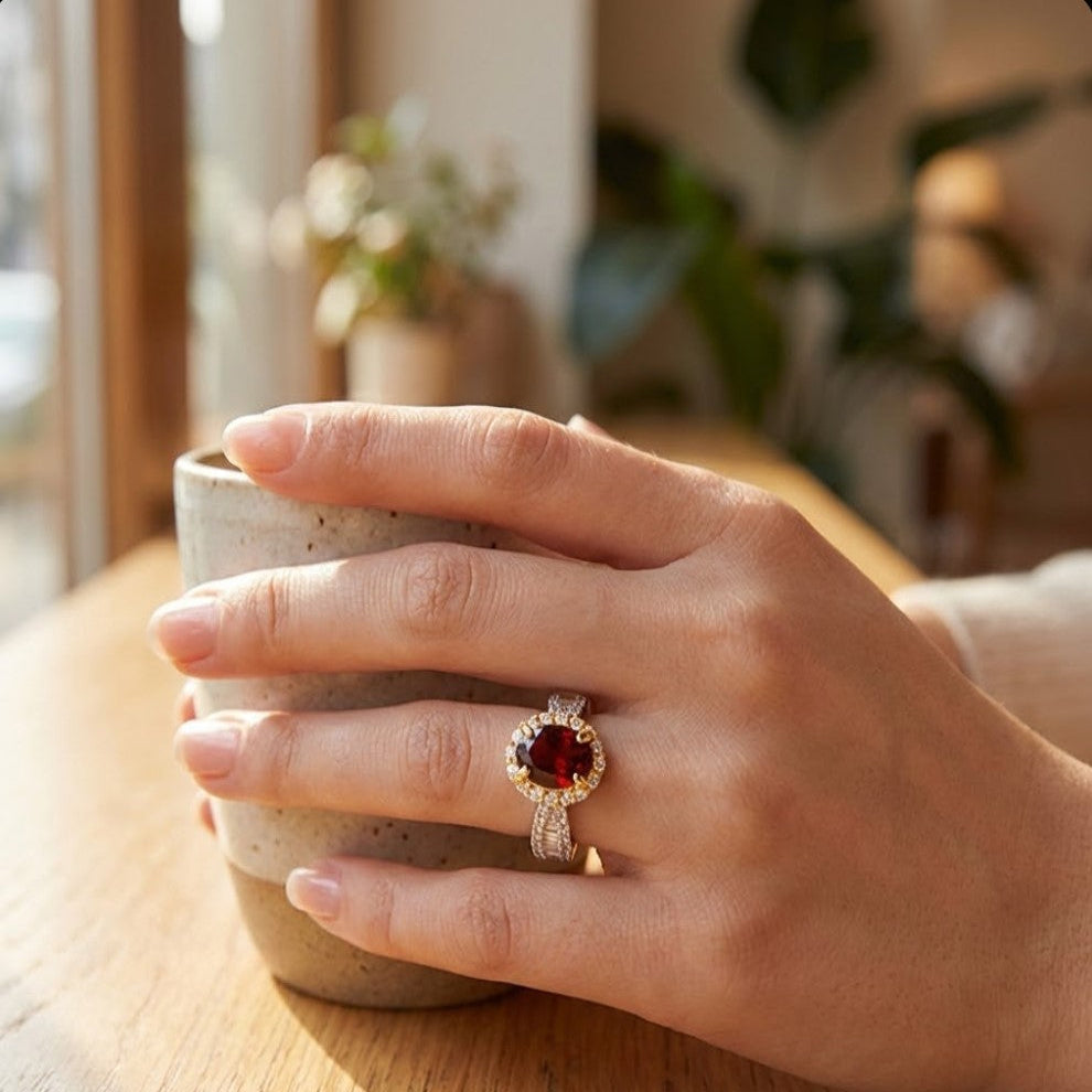 Garnet halo ring worn on hand in warm caf¨¦ setting