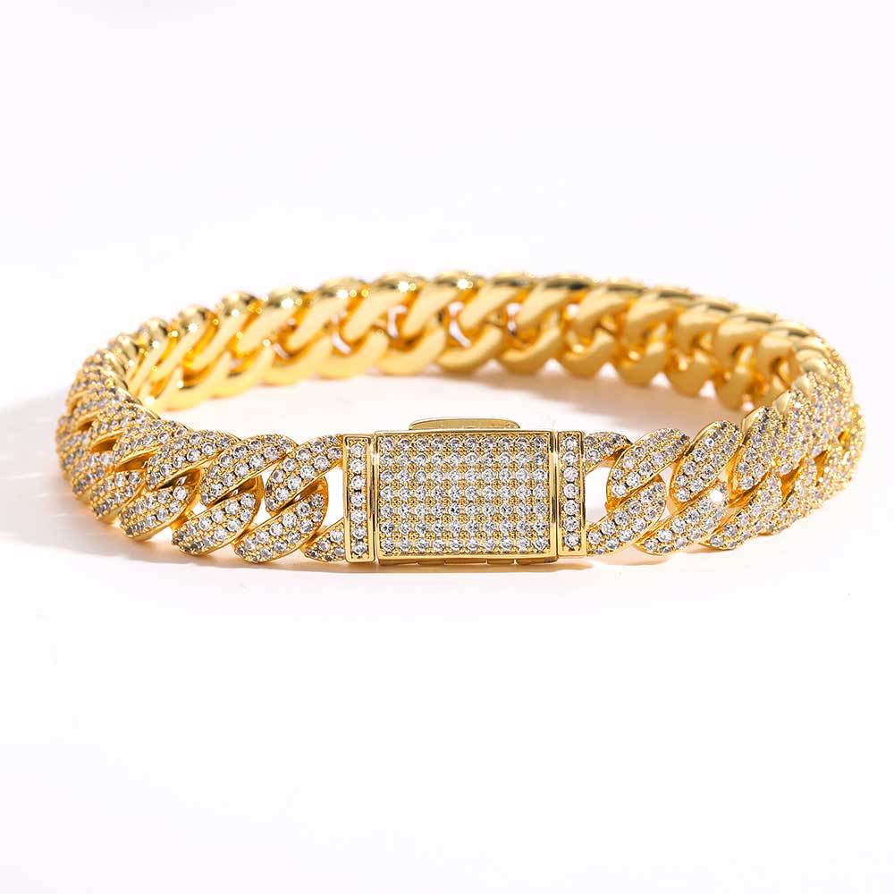 Aeterna Jewelry gold cuban link bracelet with full pavé setting on white background