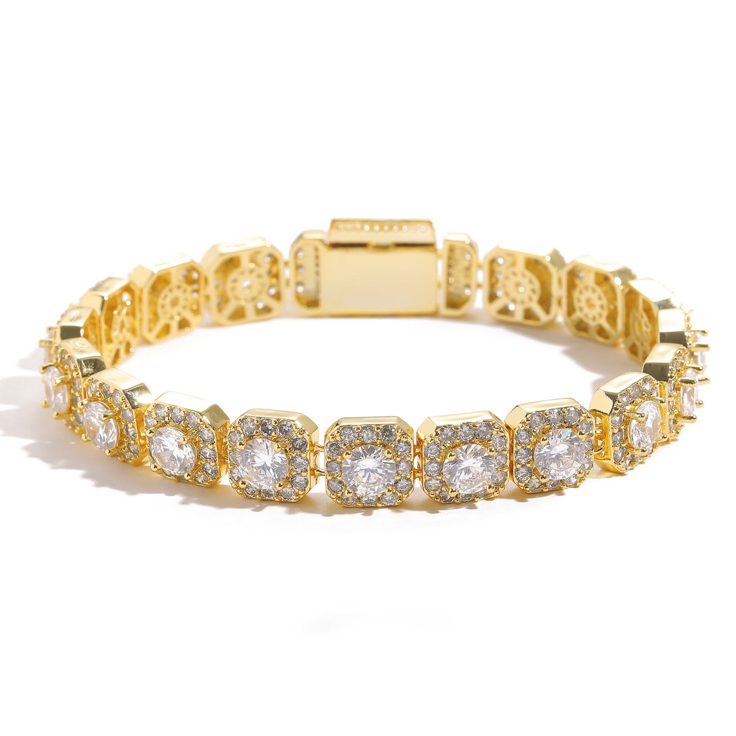 Aeterna Jewelry gold cushion halo tennis bracelet with white stones on white background