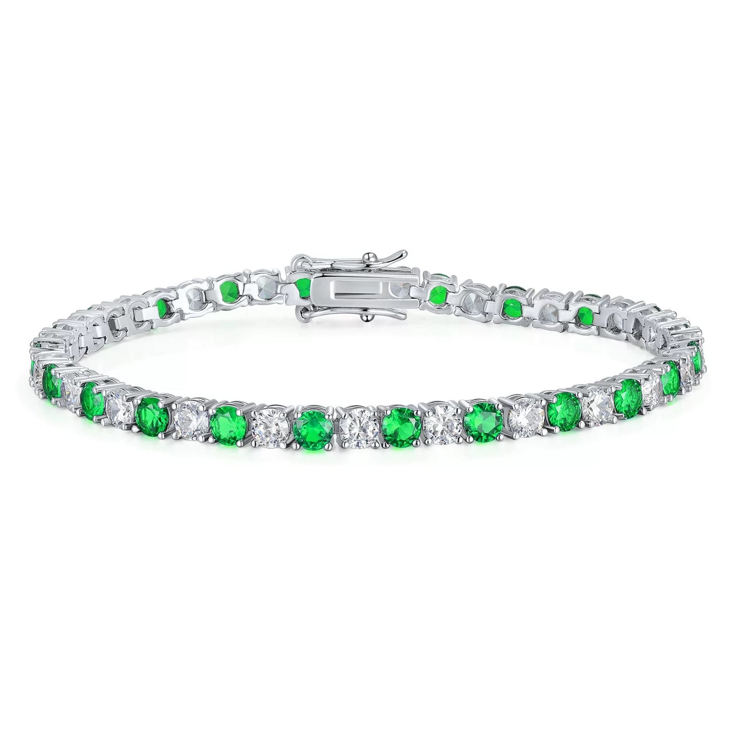 Close-up of alternating emerald green and white stones bracelet by Aeterna Jewelry