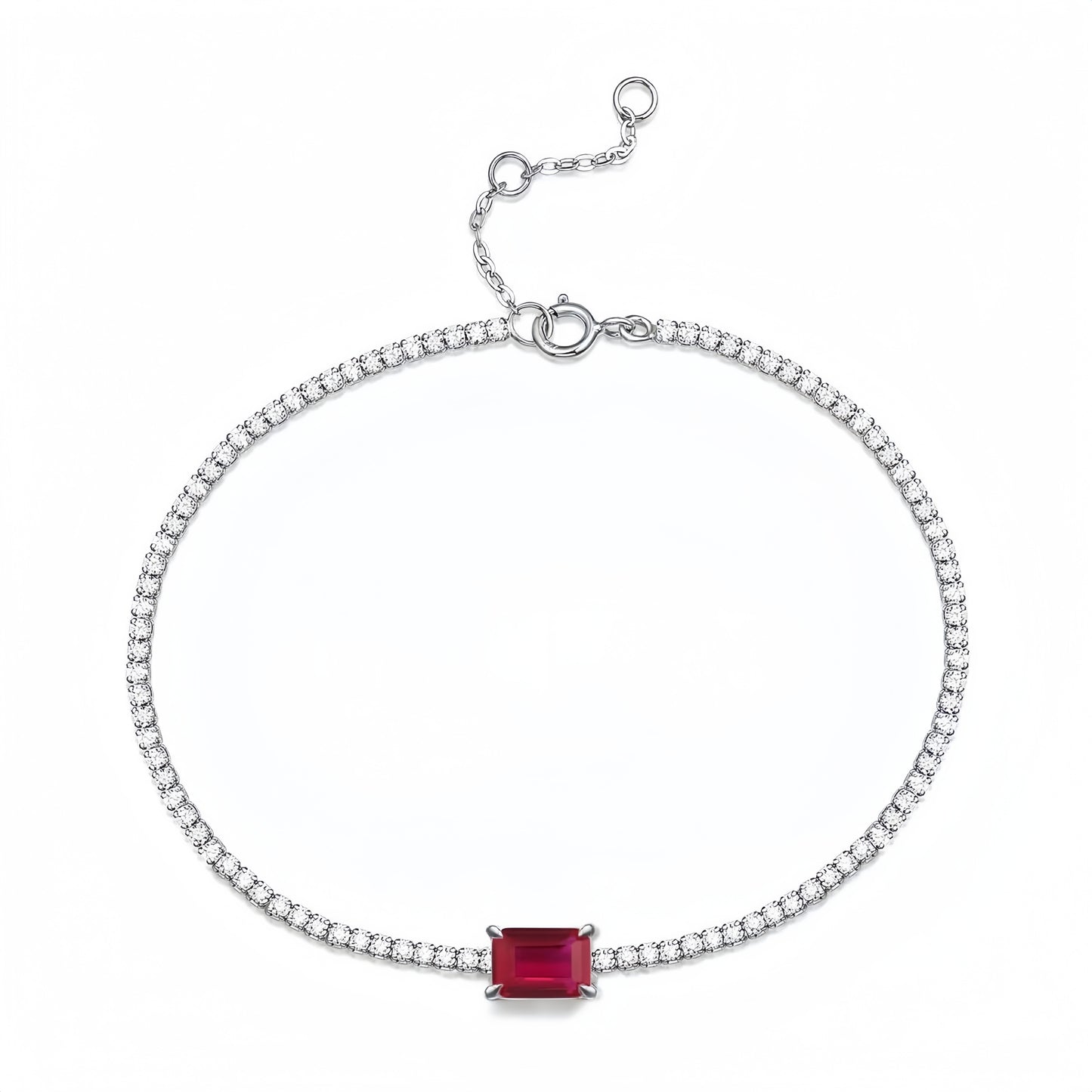 Aeterna Jewelry ruby solitaire tennis bracelet close-up showing gemstone brilliance