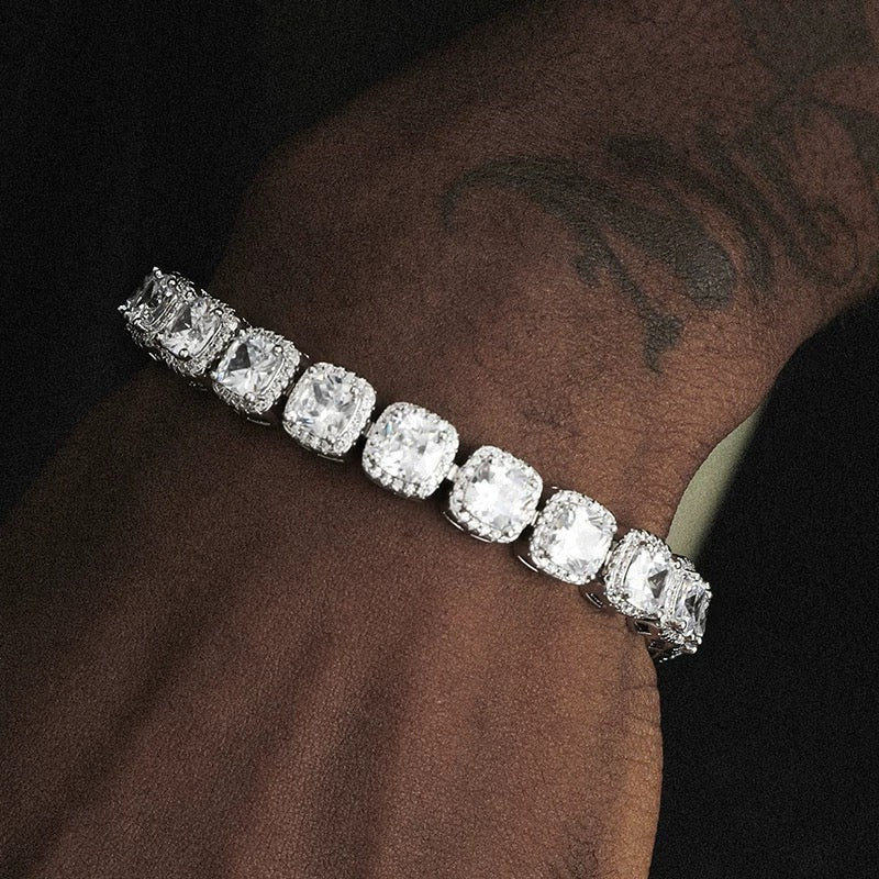 Close-up of Aeterna Jewelry cushion halo bracelet showcasing radiant white stones